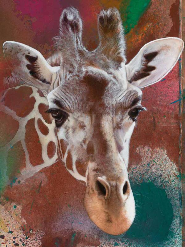 THE RIGHT TO EXIST features a life-sized portrait of Akeem, a long-lived beloved giraffe from the Oregon Zoo, by Calley O'Neill with a spray painted background by Rama the Elephant.
