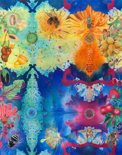 MELISSAE: PROGENITOR OF LIFE, a wildlife thangka by Rama the Elephant and Calley O'Neill, a visual prayer for the regeneration of native and honey bees worldwide.